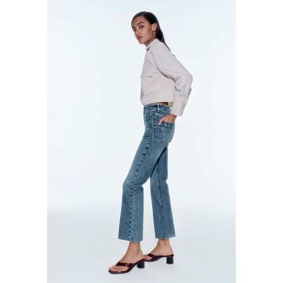 NWT Zara medium blue wash high rise flare leg ankle stretch denim jeans, 12 - Picture 5 of 14